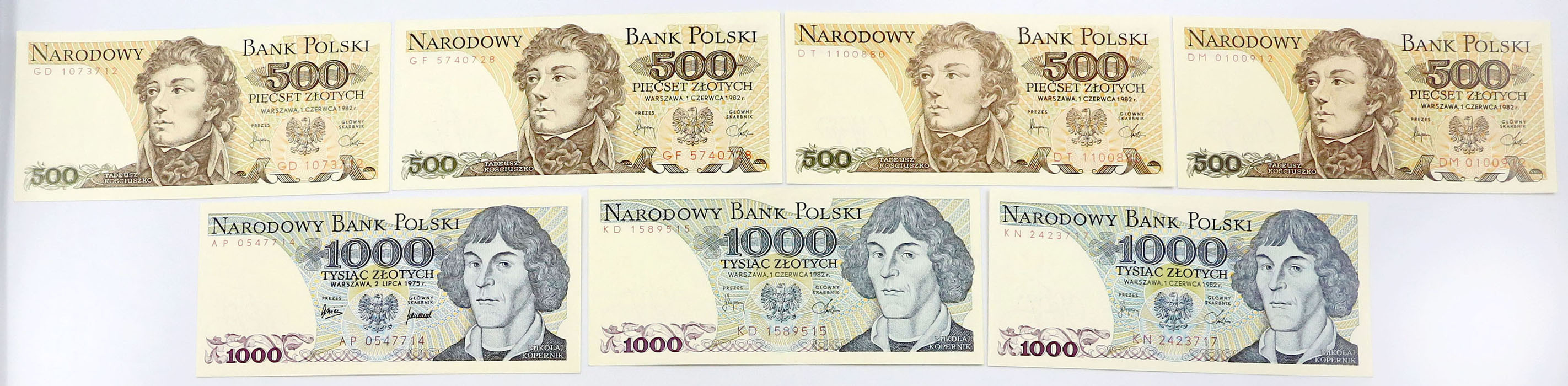 500, 1000 złotych 1975-1982, zestaw 7 sztuk